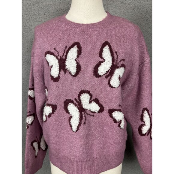 Hooked Up Junior "It Girl" Butterfly Pattern Crewneck Sweater Pink Medium NWTs - Picture 2 of 8